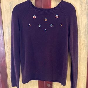 Loft Embellished Eggplant Purple Crew Neck Sweater Small